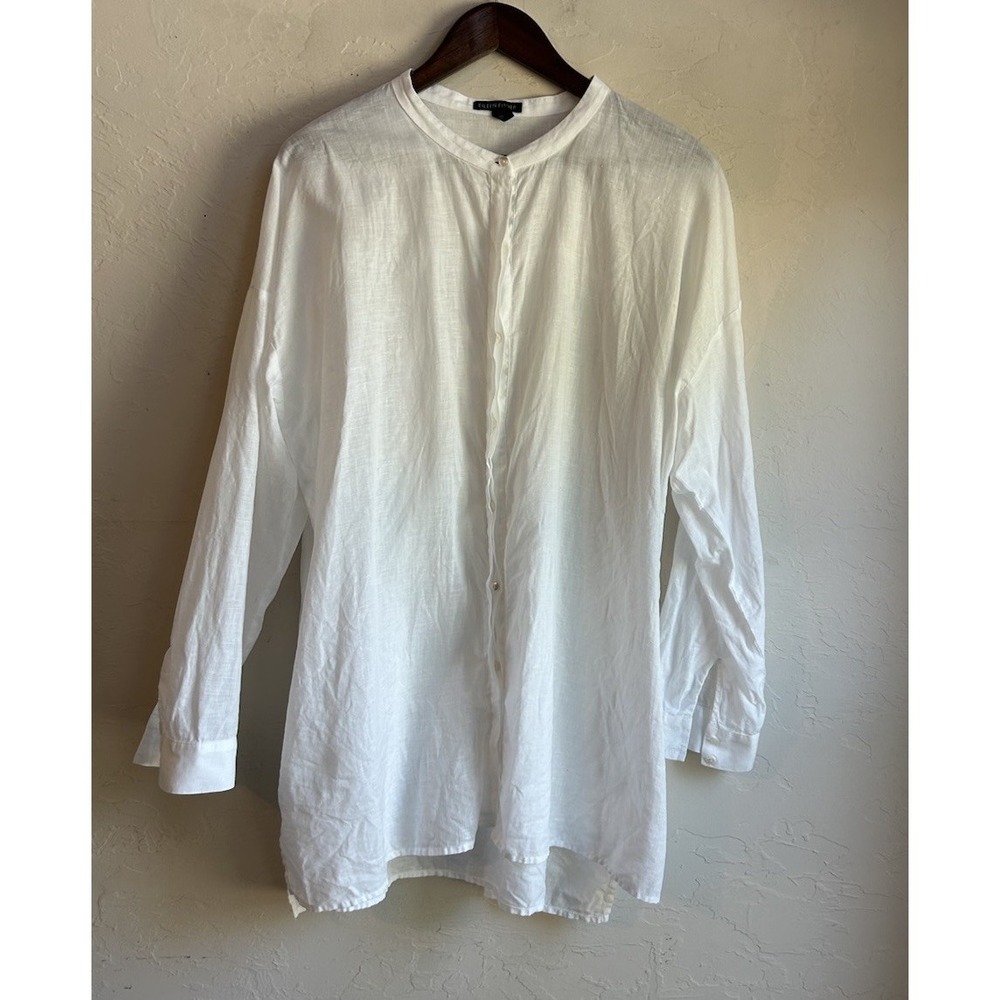 Eileen Fisher 100% Organic Linen White Button Up Tunic Top XL Minimalist Luxury